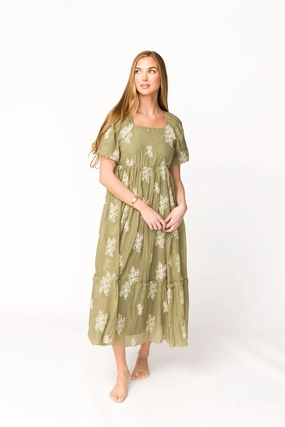Bridal-Shower Hallie Embroidered Maxi Dress in Olive - Bump Friendly & Inclusive Sizing (S-3XL) *Final-Sale*