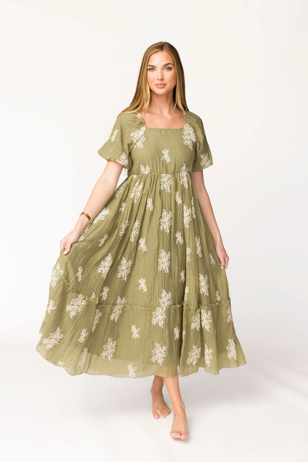 Contemporary Look Bright bold dress Hallie Embroidered Maxi Dress in Olive - Bump Friendly & Inclusive Sizing (S-3XL) *Final-Sale*