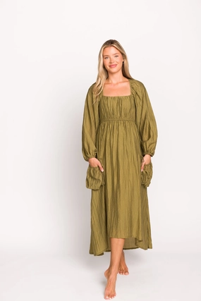 Flow Ready Ariana Long Sleeved Maxi Dress with Slouchy Pocket in Olive *Final-Sale*