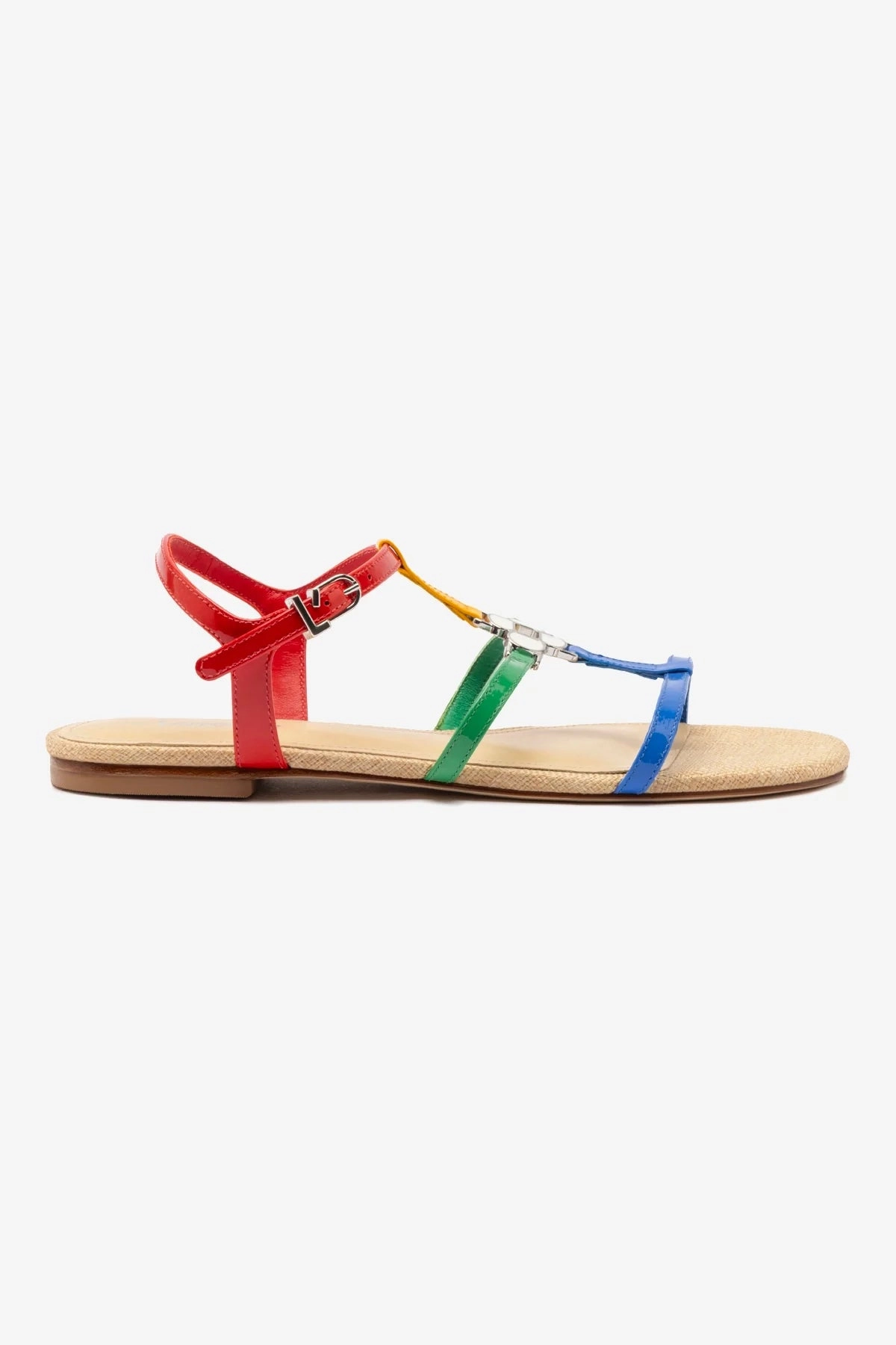 Hana Flat Sandal In Multicolor Patent Leather and Raffia Earth Tone