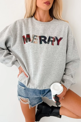 Happy For The Holidays Plaid "Merry" Sweatshirt (Heather Grey) RibbedNeckline