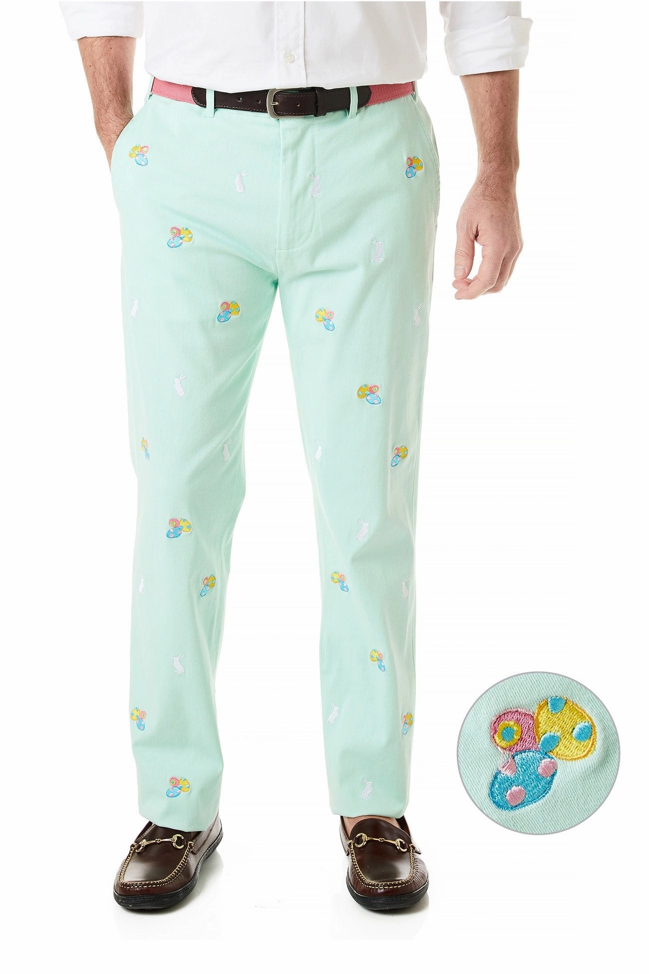 Wardrobe Essential Travel Essential Harbor Pant Stretch Twill Mint with Easter Eggs and Bunny