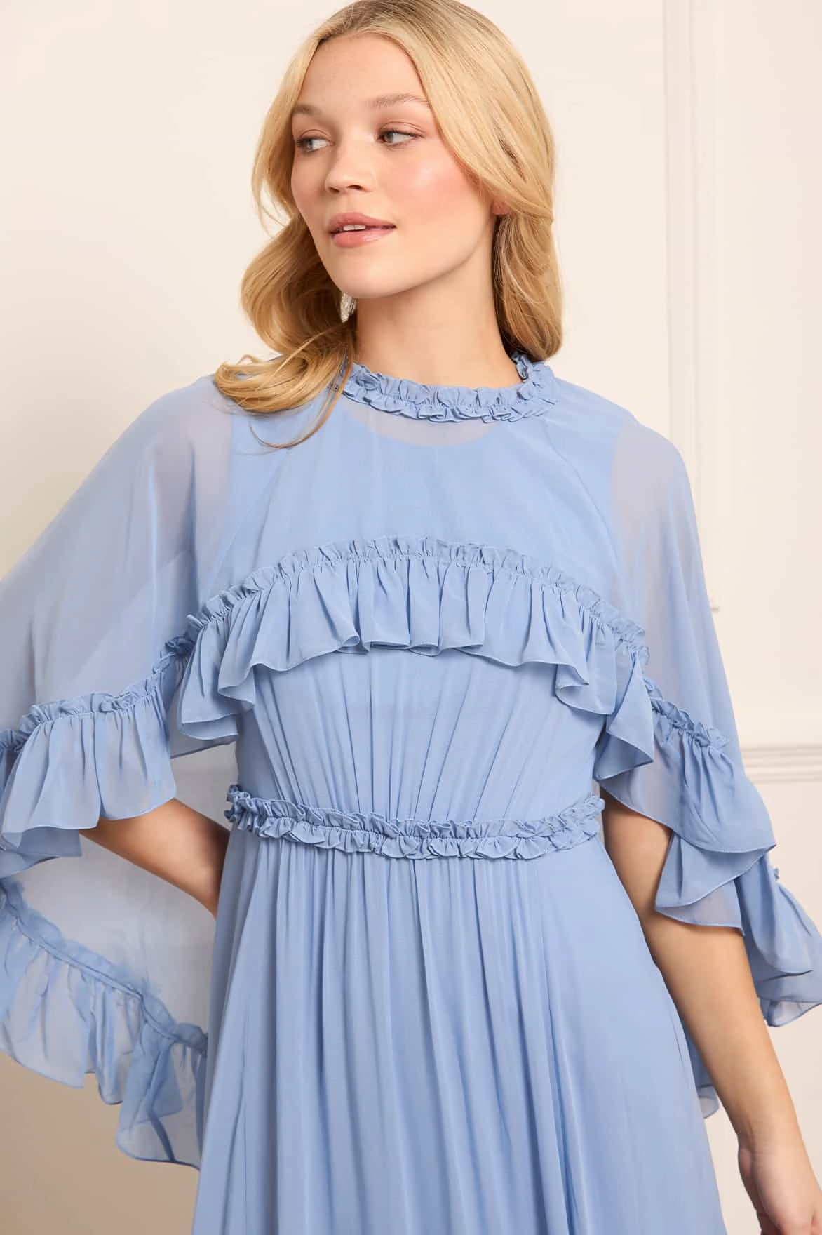 Soft Touch Scalloped-Edge Harper Chiffon Cape Ankle Gown