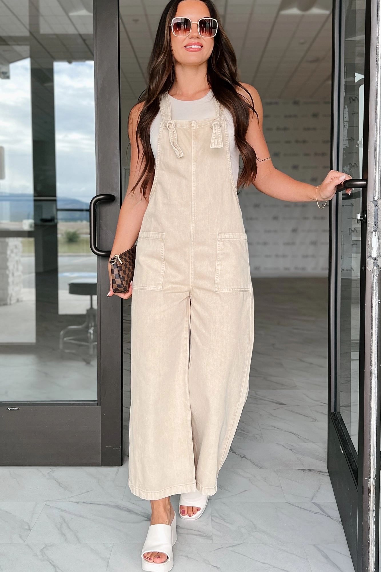 Ribbed Trim Details Hazen Knot Strap Zenana Overalls (Sand Beige)