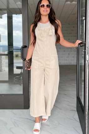 Ribbed Trim Details Hazen Knot Strap Zenana Overalls (Sand Beige)