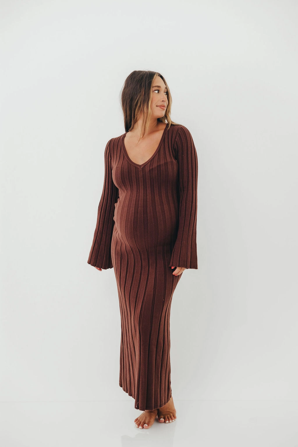 Hearth V-Neck Maxi Dress in Brown - Bump Friendly Printed-Fabric