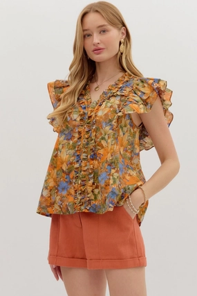 Bonded Seam Durability Ciara Floral Ruffle Sleeve Top