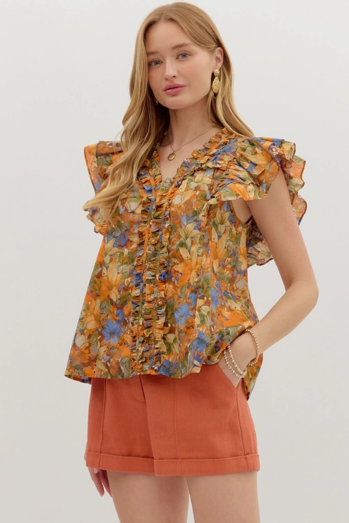 Bonded Seam Durability Ciara Floral Ruffle Sleeve Top