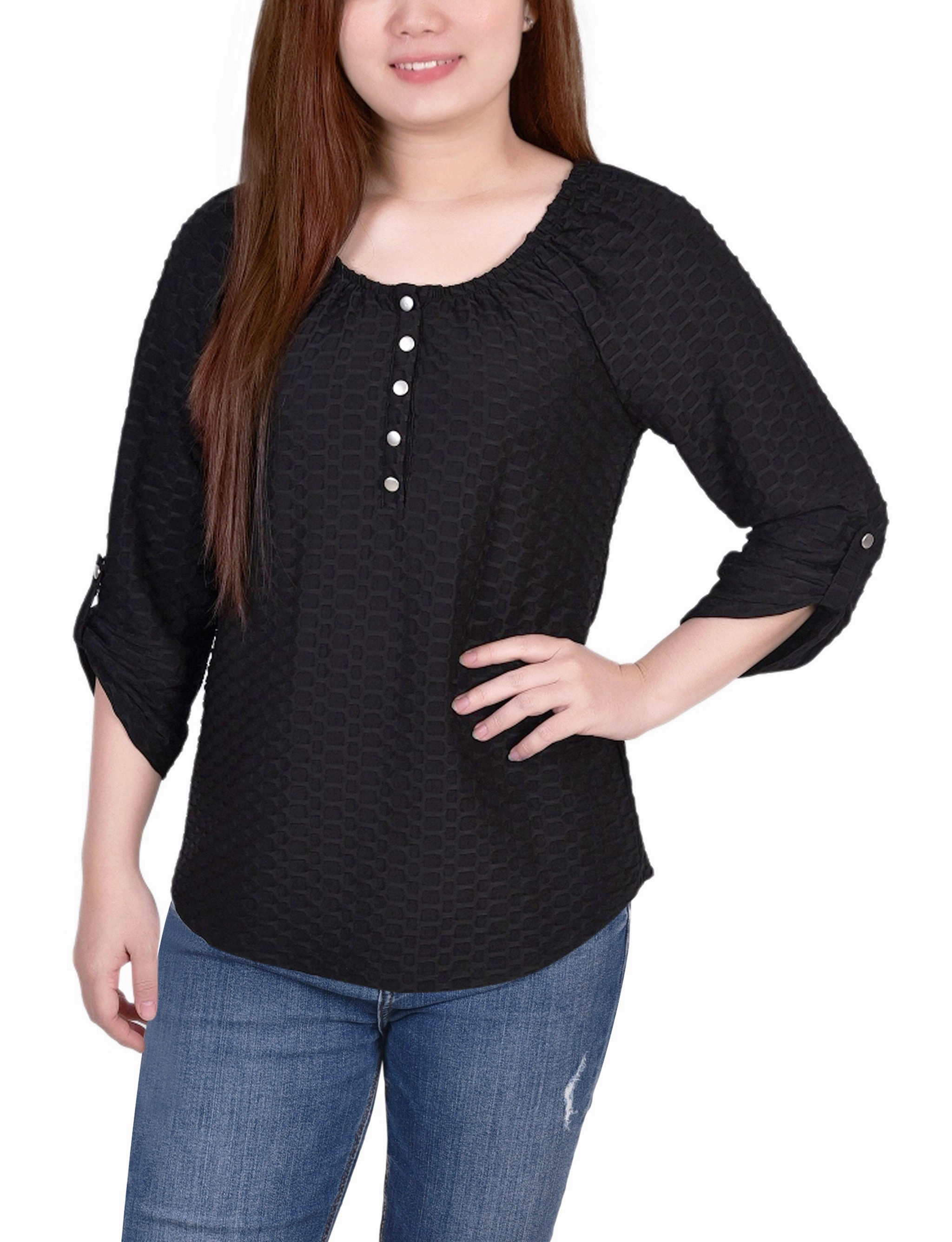 3/4 Sleeve Honeycomb Henley Top All Weather Performance Fabric StretchMaterial