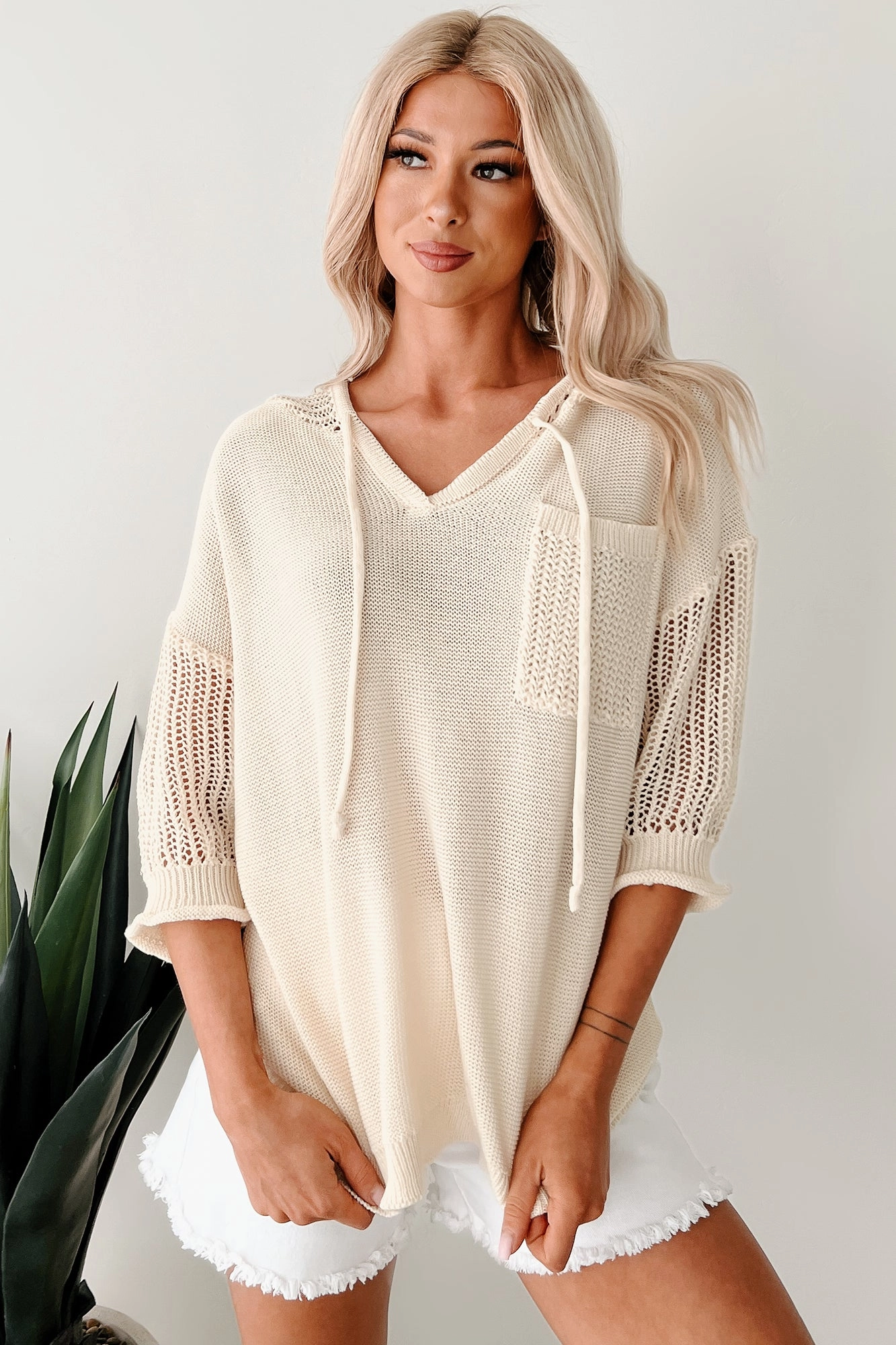 Ribbed Collar Style UltraSoft Lining Softly Spellbound Sheer Knit Hoodie Sweater (Cream)