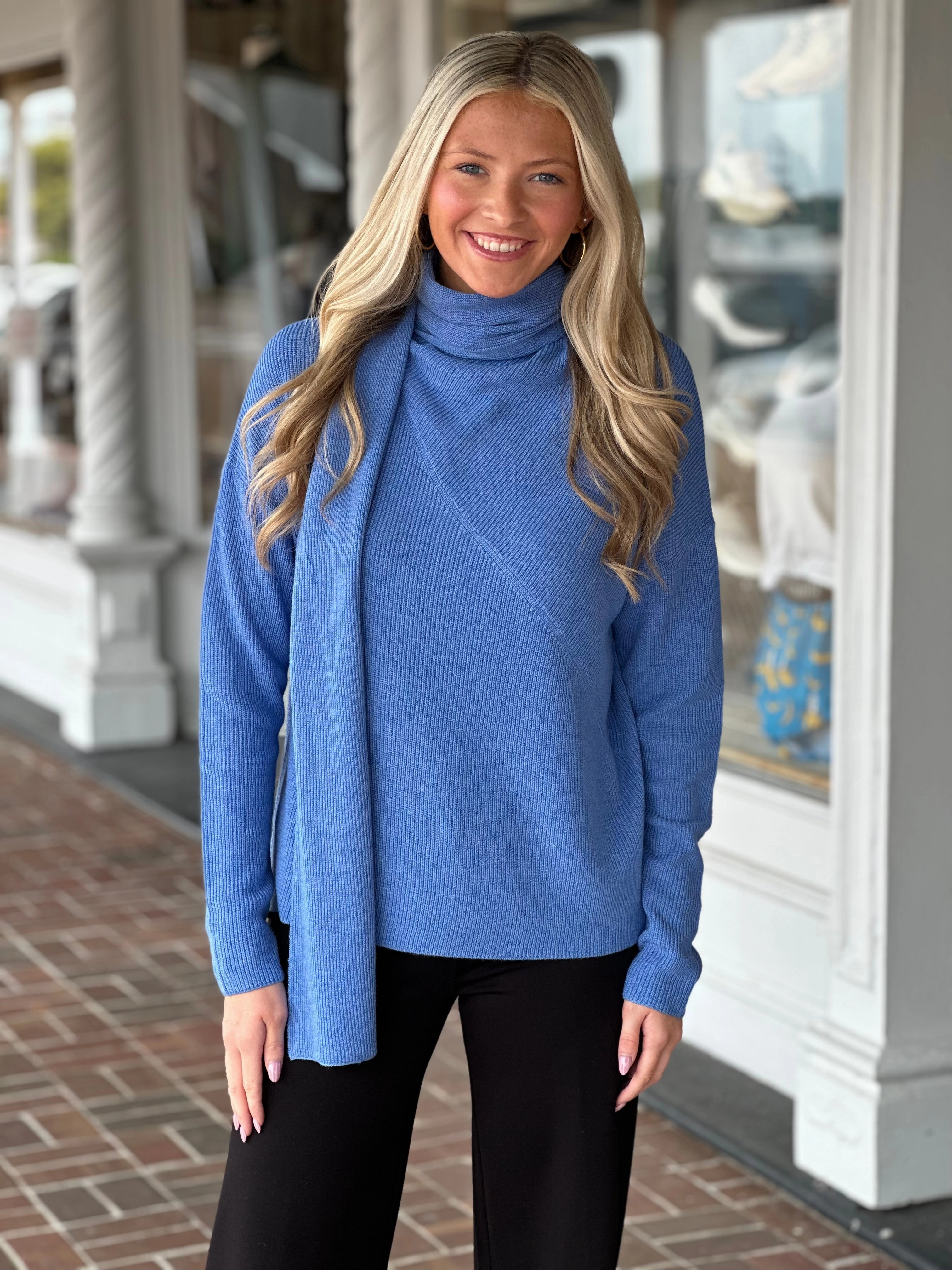 Reversible Layering Tech Zero Waste Production Label Elliott Lauren Long Sleeve Cable Knit Blue Sweater