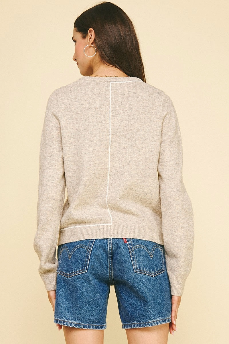 Stitch Detailed Knit Sweater in Oatmeal FoamReinforcedCollar