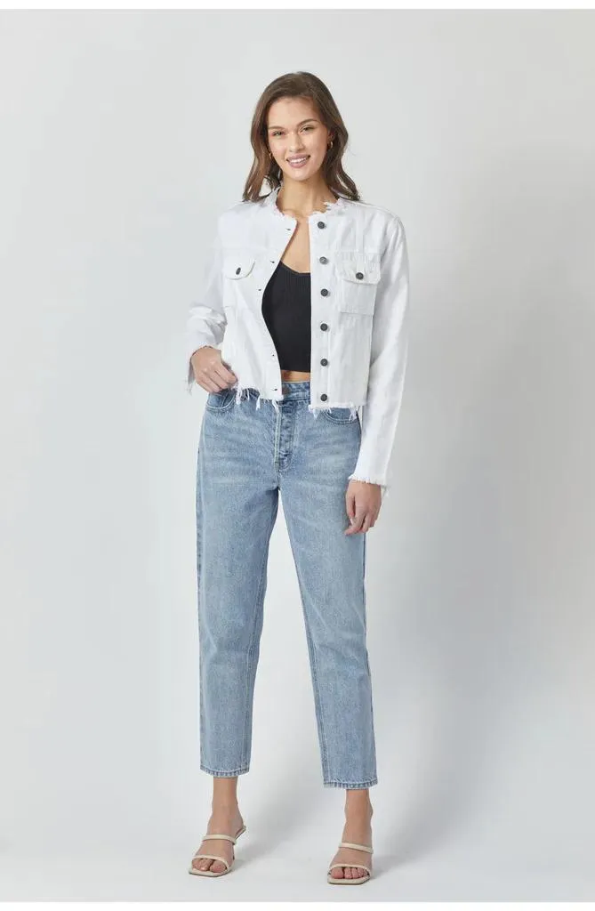 TaglessCollar Ribbed Trim Details Hidden Collarless Jacket