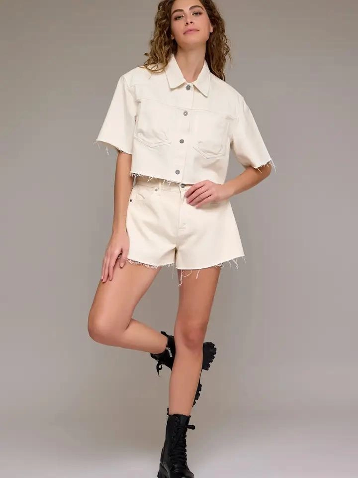 Hidden Denim Long Boxy Crop Shirt Adjustable drawstring Ribbed Trims