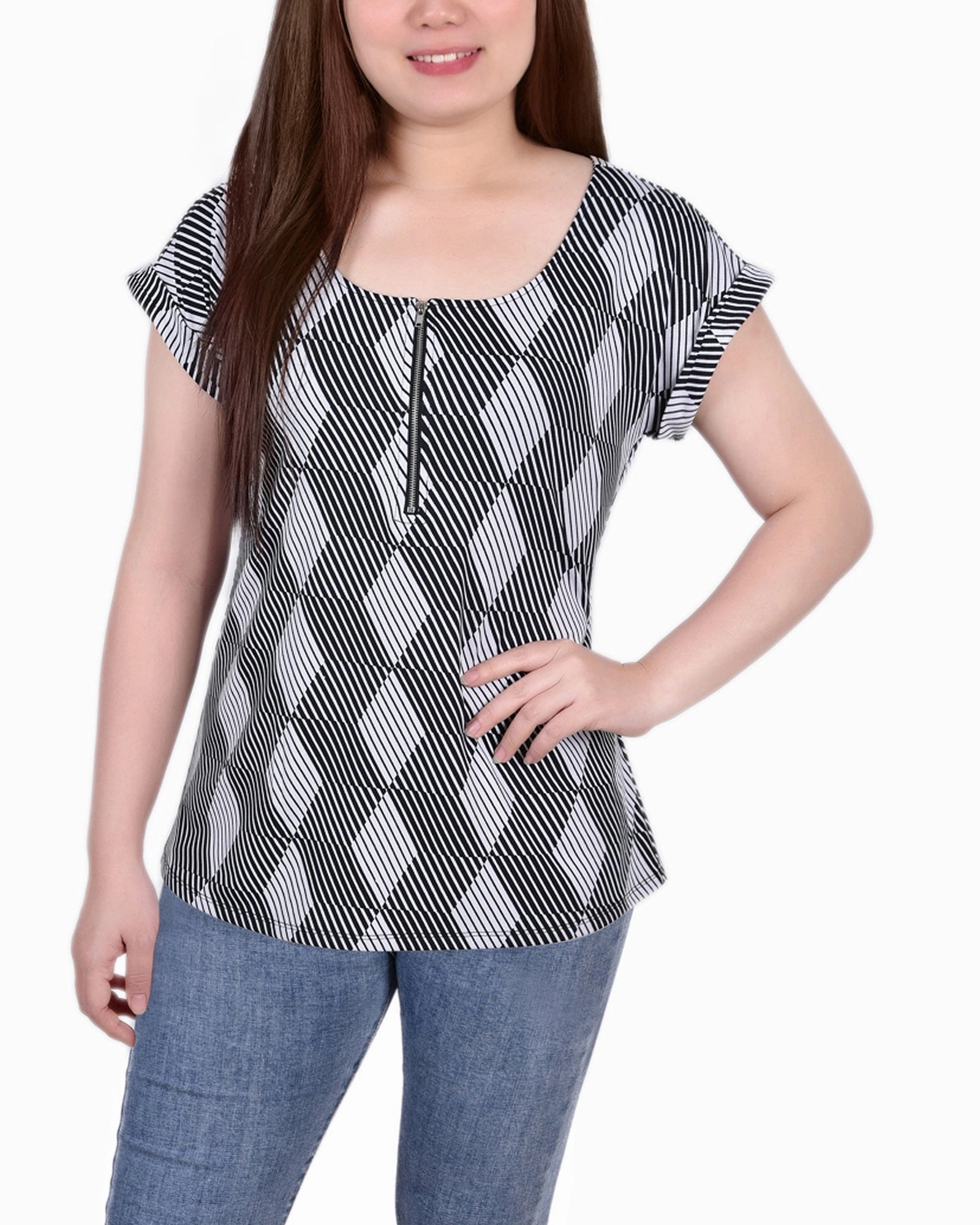 Short Sleeve 1/2 Zip Knit Top Casual Style Tagless Design