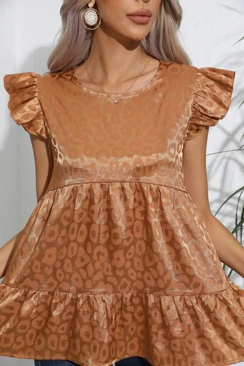 FRILL SLEEVE PATTERNED JACQUARD TUNIC TOP Neutral Tone Stitching Ventilated Panel Design