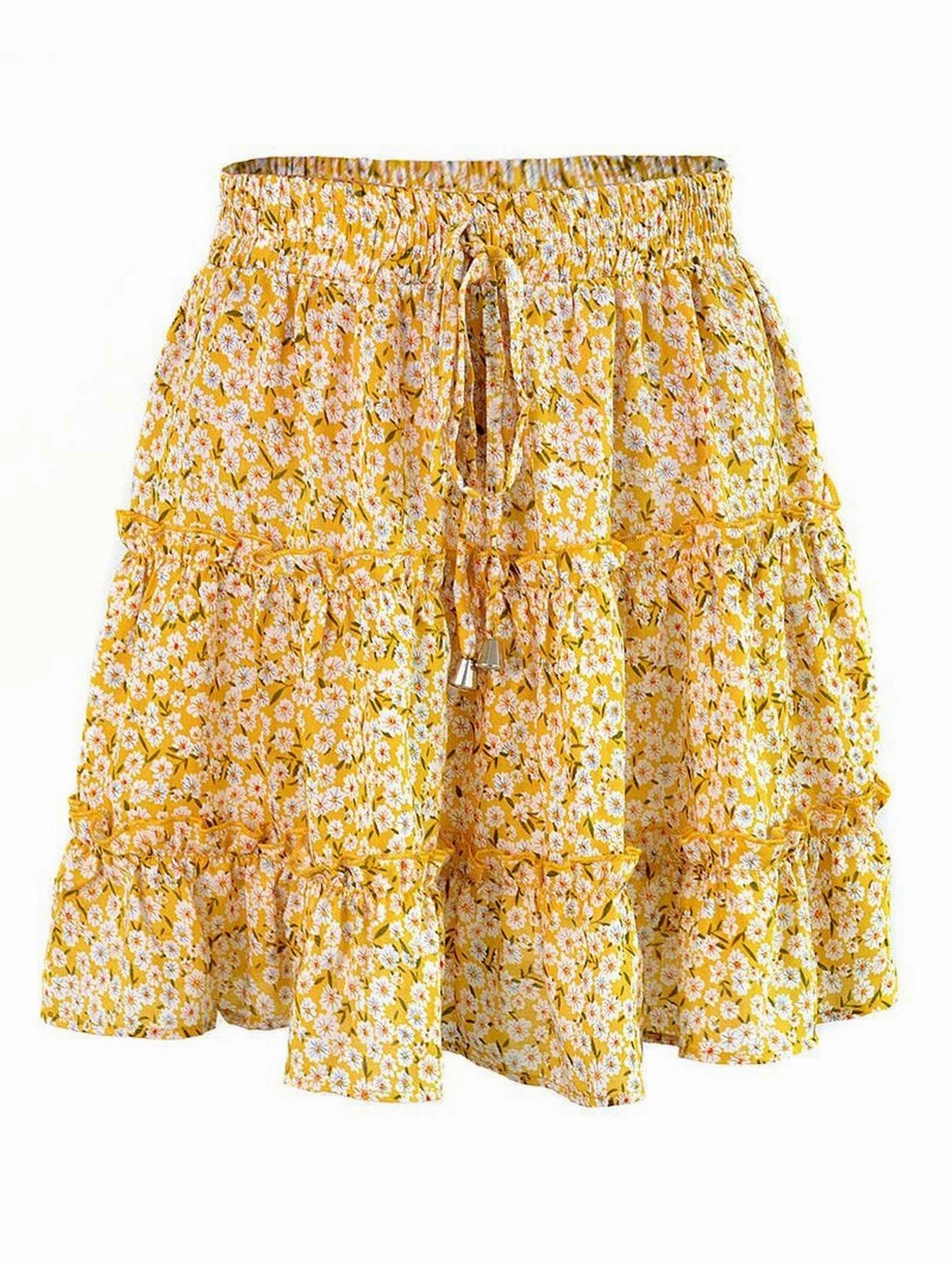 HIGH WAISTED RUFFLED FLORAL A LINE SHORT SKIRT Tear Resistant Fabric