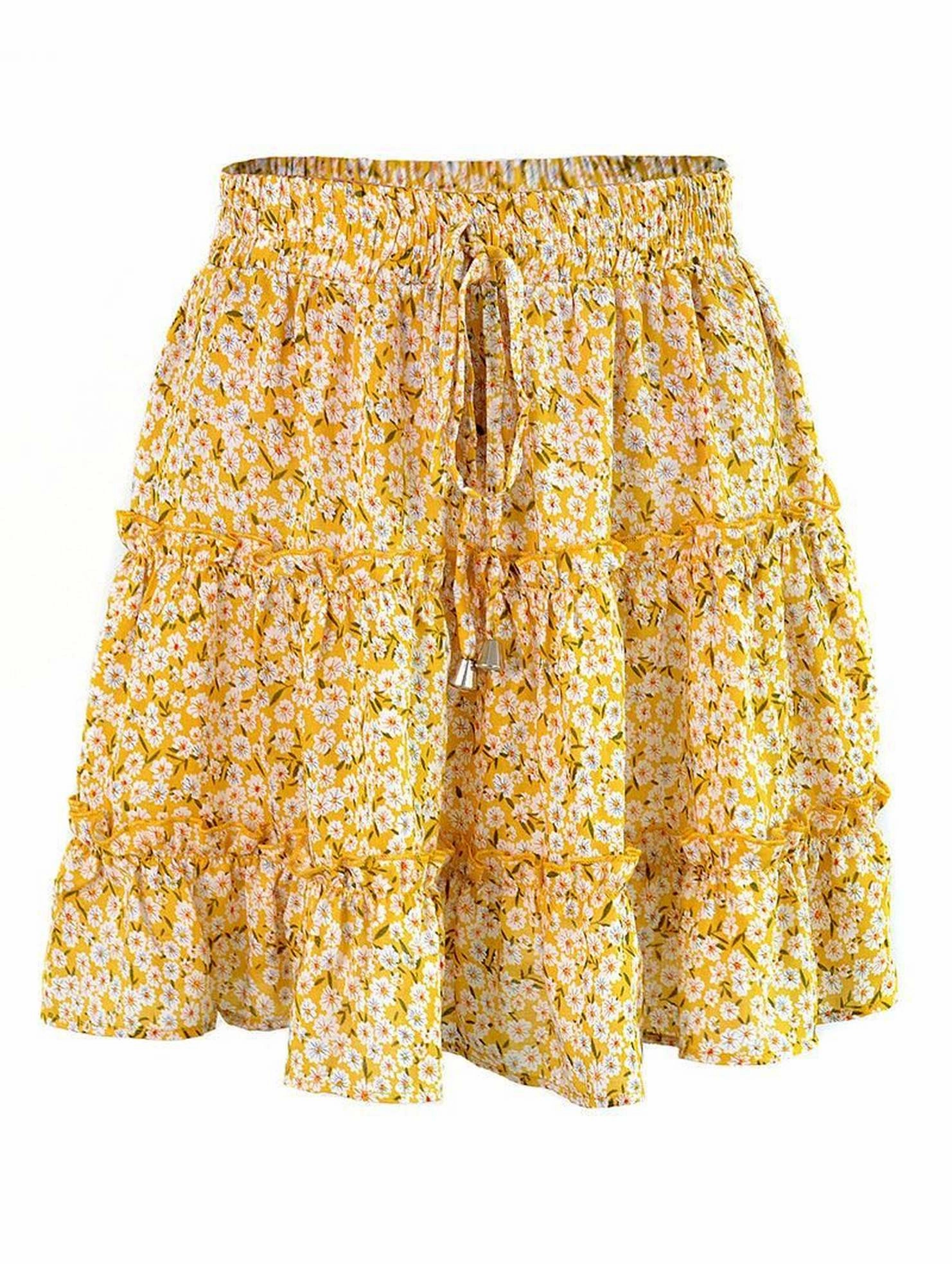 Non Restrictive HIGH WAISTED RUFFLED FLORAL A LINE SHORT SKIRT