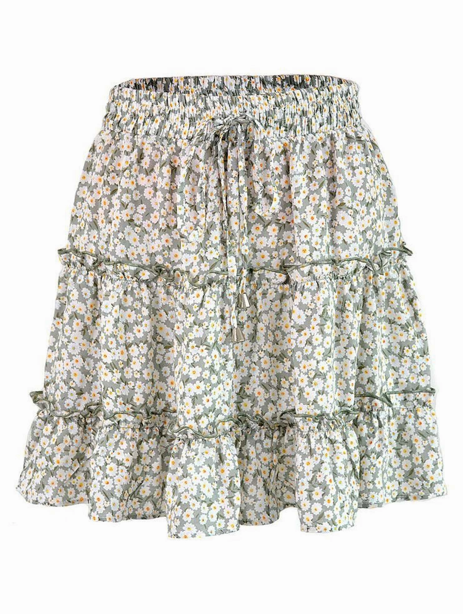 HIGH WAISTED RUFFLED FLORAL A LINE SHORT SKIRT Non Restrictive Fit