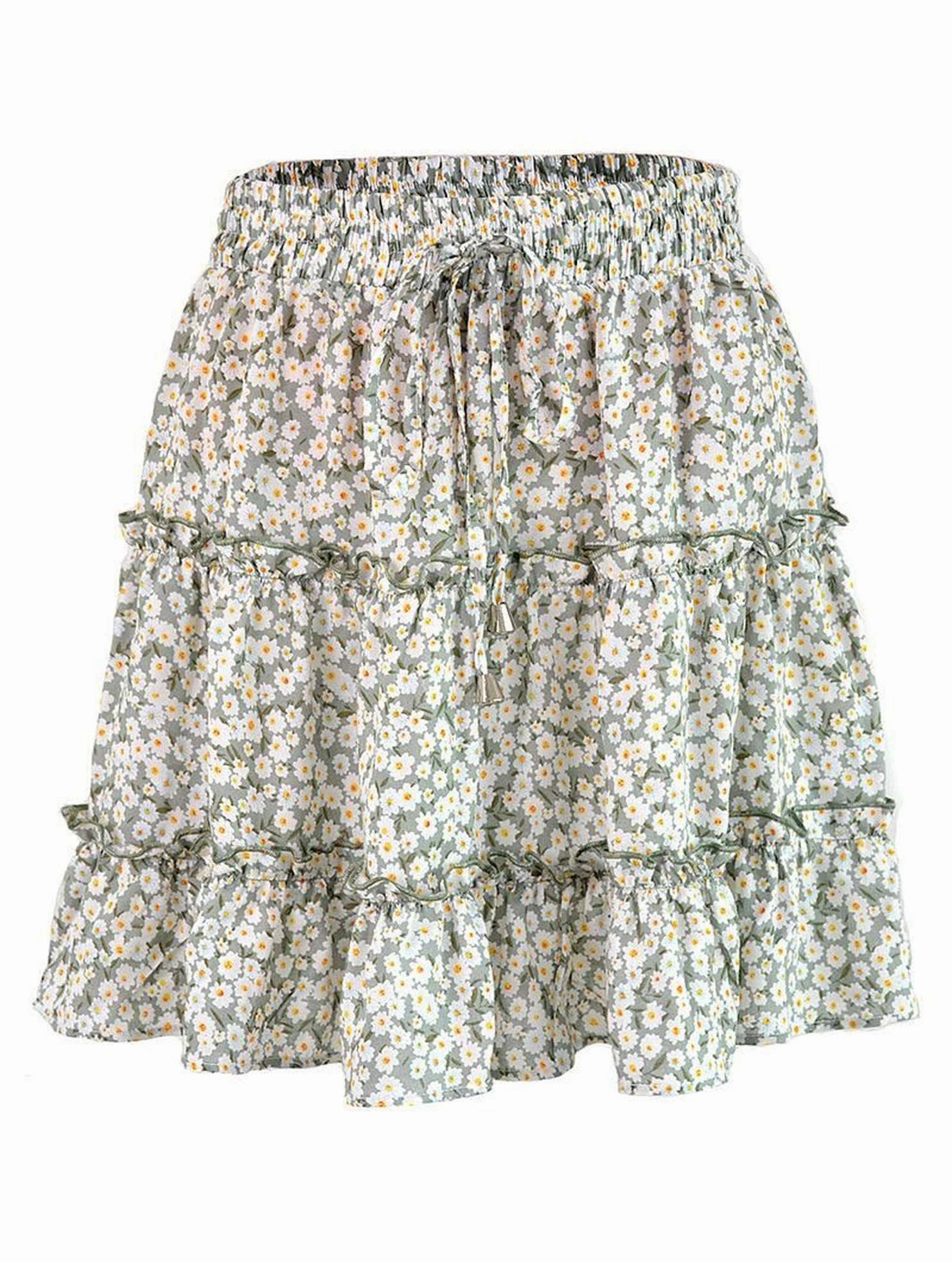 Linen blend HIGH WAISTED RUFFLED FLORAL A LINE SHORT SKIRT