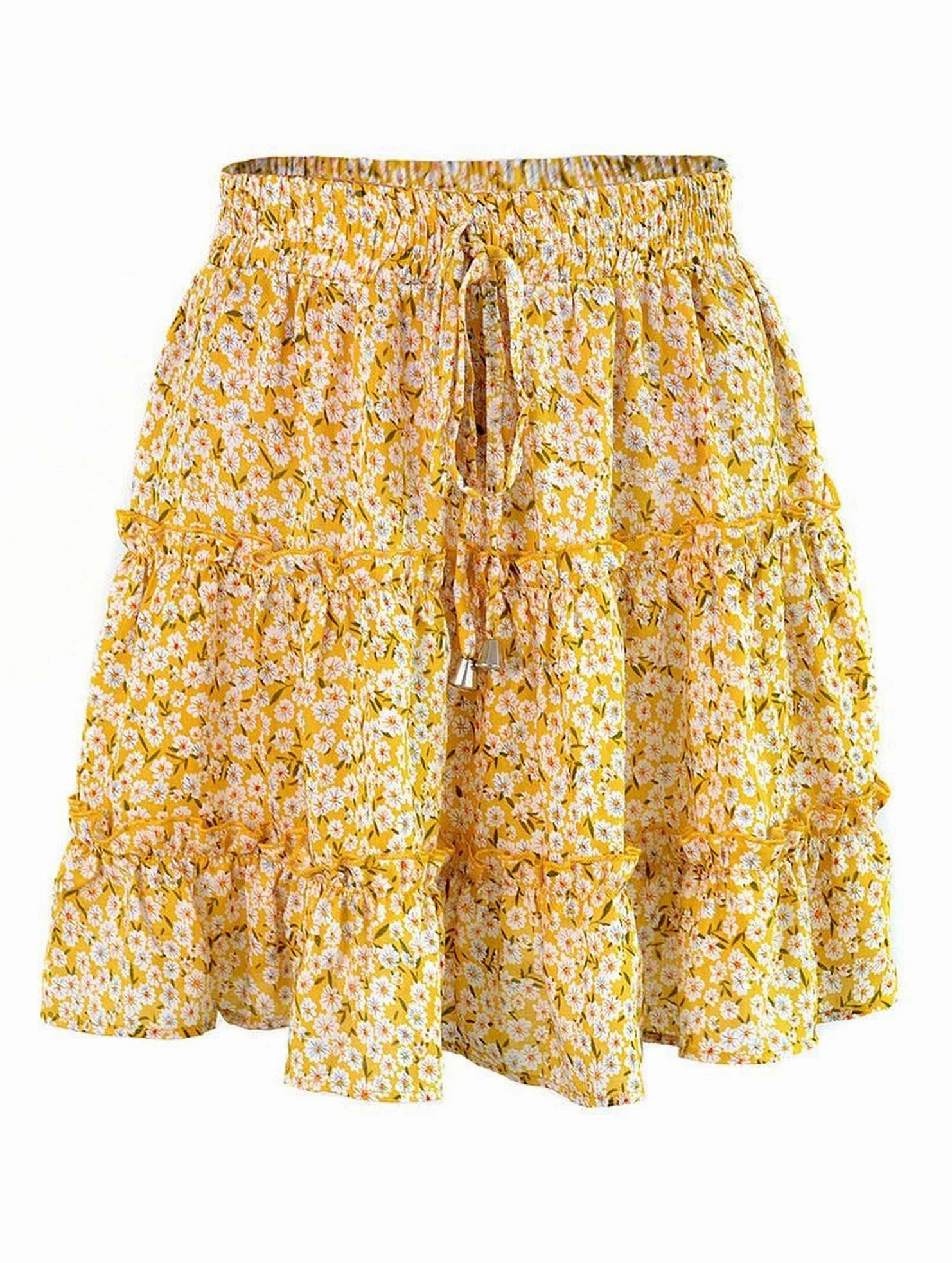 HIGH WAISTED RUFFLED FLORAL A LINE SHORT SKIRT Gripper Waistband Flattering Comfort Wear