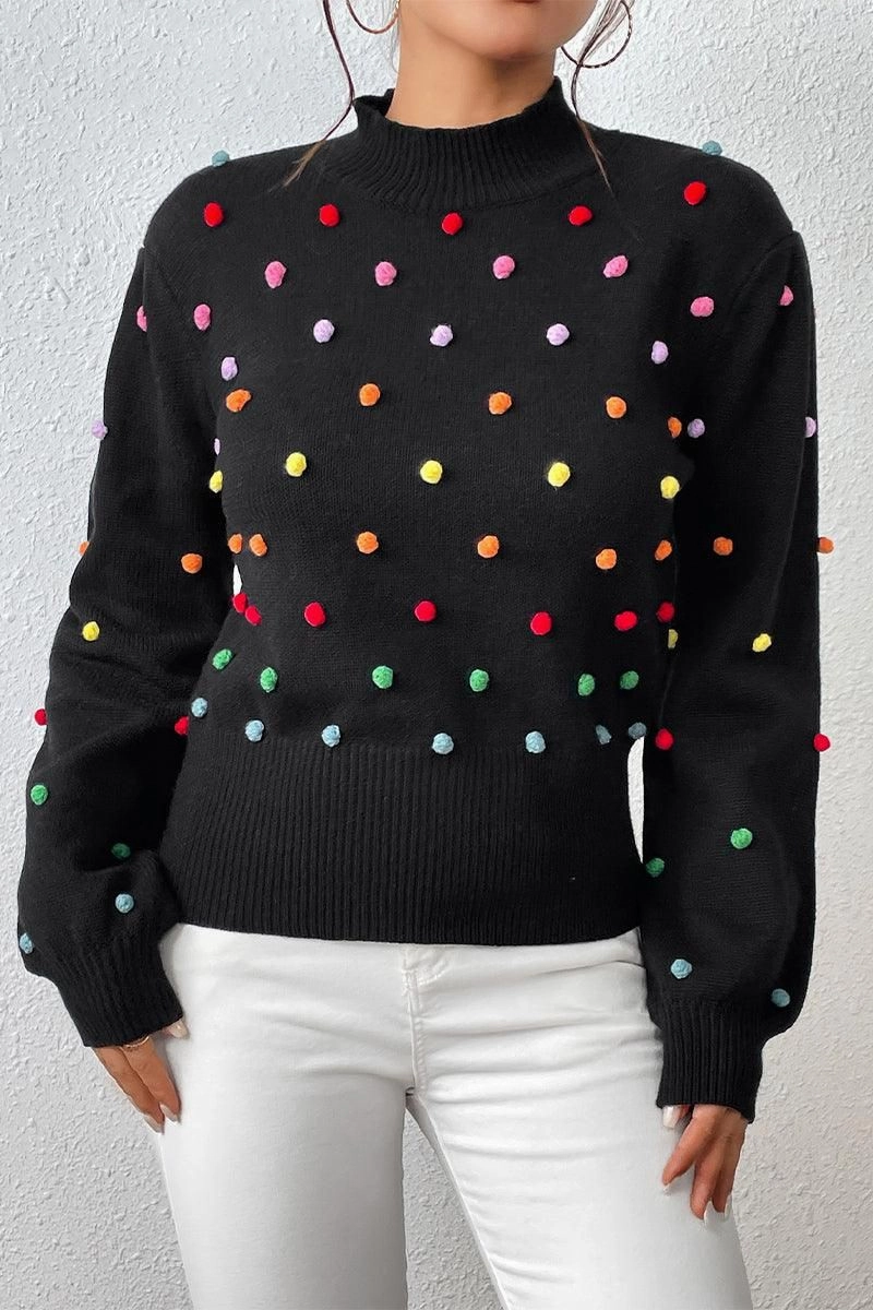WOMEN RIBBED HIGH NECK COLOR SWISS DOT JUMPER TOP RecycledPolyester Easy to Wear
