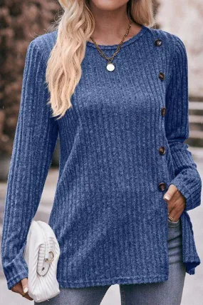 Contrast Stitching Wind Resistant Fabric ROUND NECK SIDE BUTTONED LONG LENGTH KNIT TOP