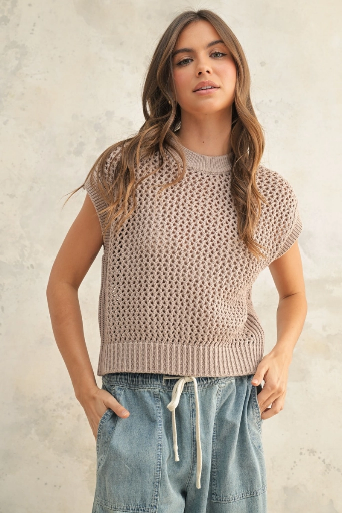 Recycled Polyester Fabric Maggie Crochet Cap Sleeve Sweater
