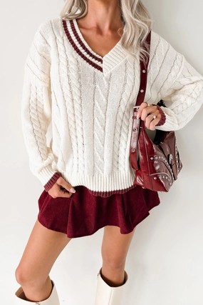 Woven Stories Cable Knit V Neck Sweater (Cream) FourWayStretchFabric Chic Look