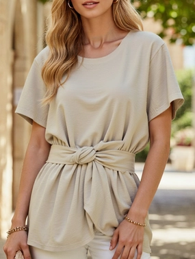 casual top SubtleTexture Round neck short-sleeved T-shirt belted tunic top