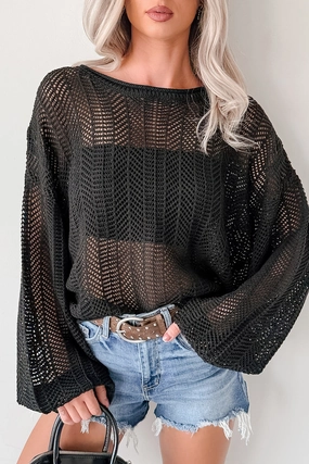 Stretch Waistband Design Feel Good Flow Open Knit Zenana Sweater (Black)
