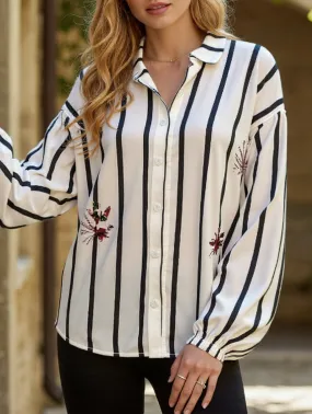 NonIrritatingSeams Stripe Sleeve Shirt with Stand Collar and Long Sleeves