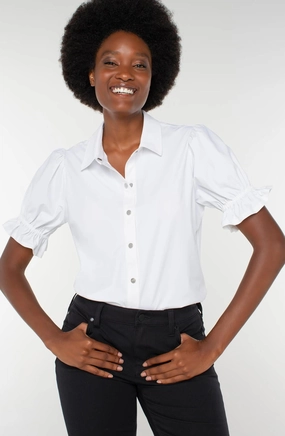 Office Look Contoured Armhole Design Liverpool Snap Front Puff Sleeve Shirt