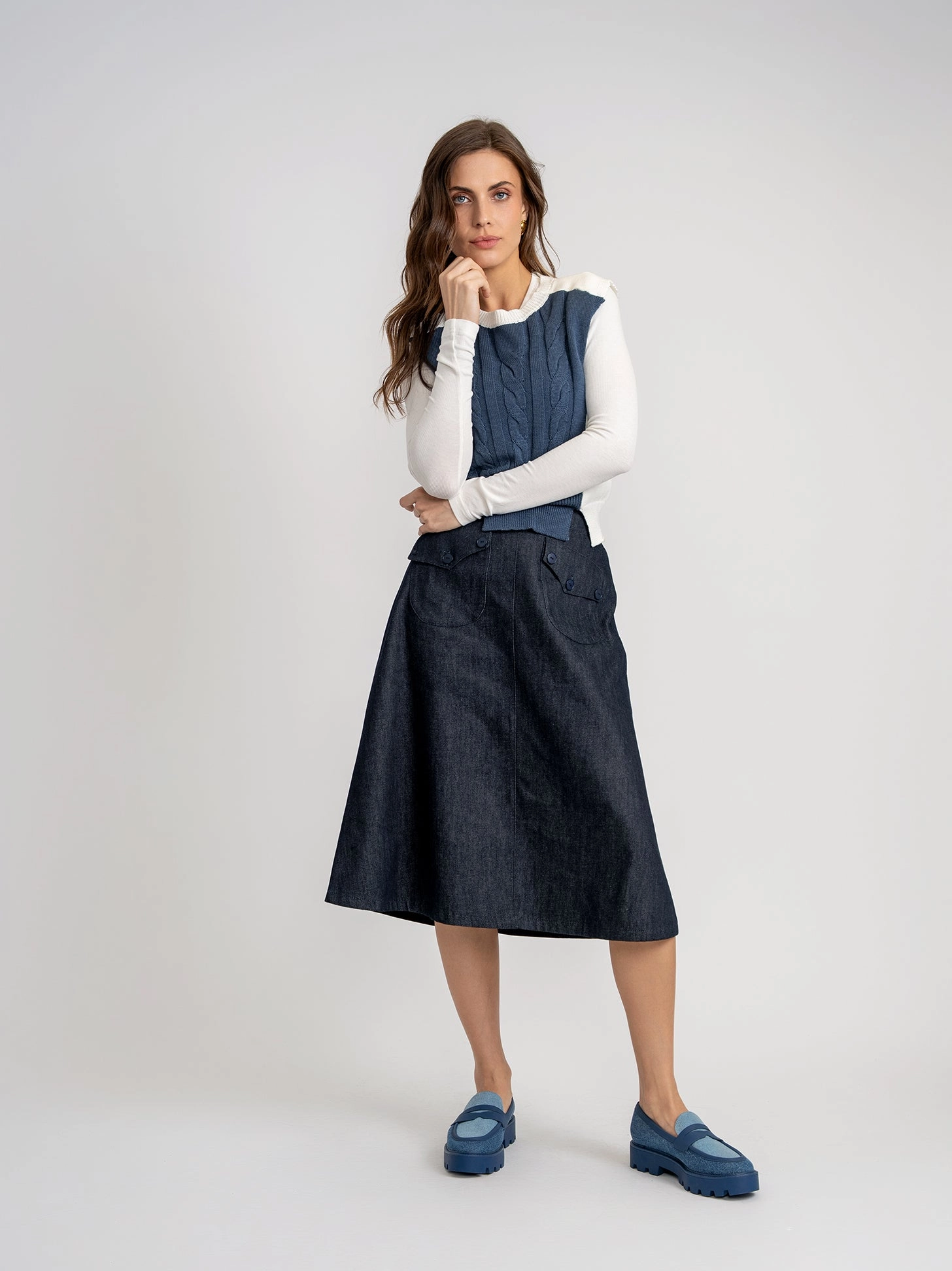 Nox-NY Dark Denim Front Pockets Midi Skirt DW5PT6592 Soft Palette