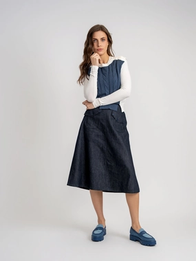 Nox-NY Dark Denim Front Pockets Midi Skirt DW5PT6592 Laser cut