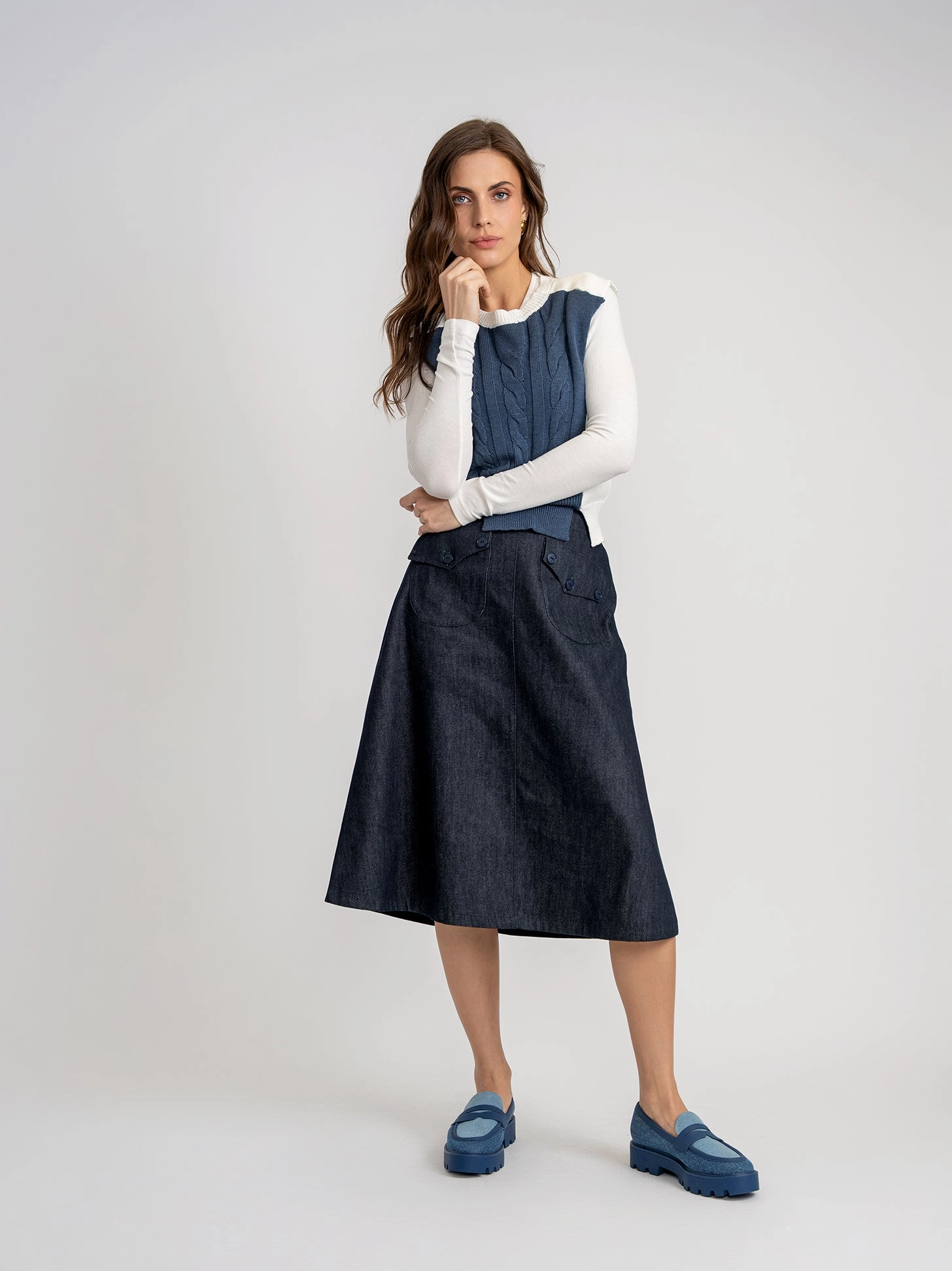 Nox-NY Dark Denim Front Pockets Midi Skirt DW5PT6592 Breezy Outfit Slip Resistant Waist