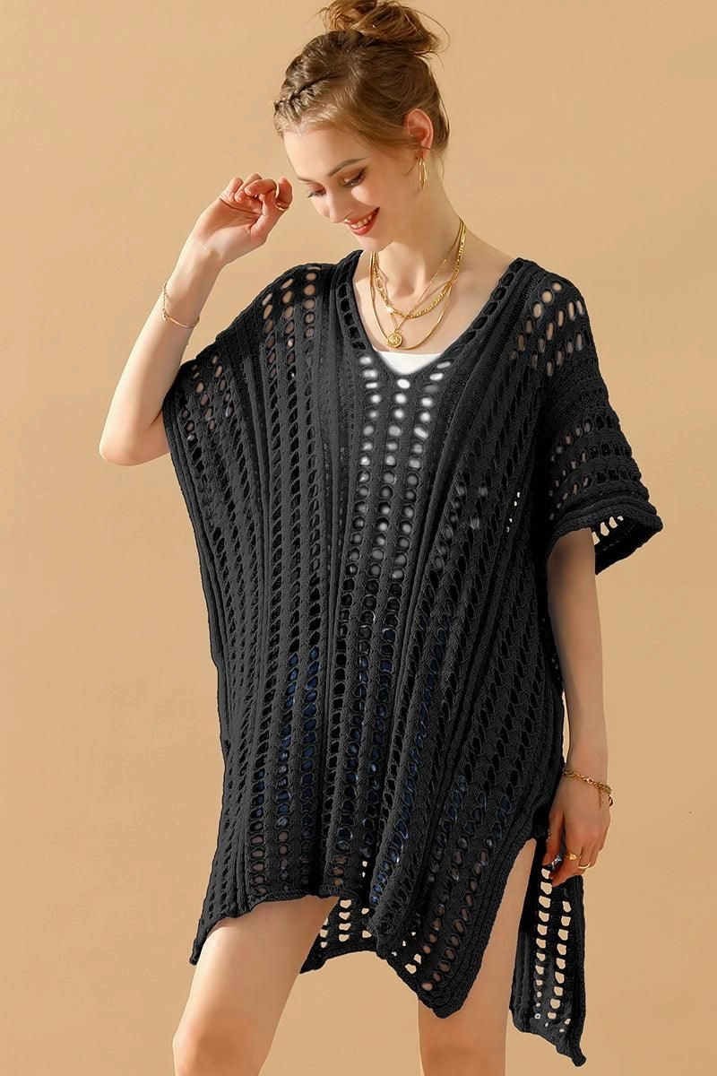 HOLLOW KNITTED BEACH WEAR SWIM COVER UP Cozy Knit FasteningHood