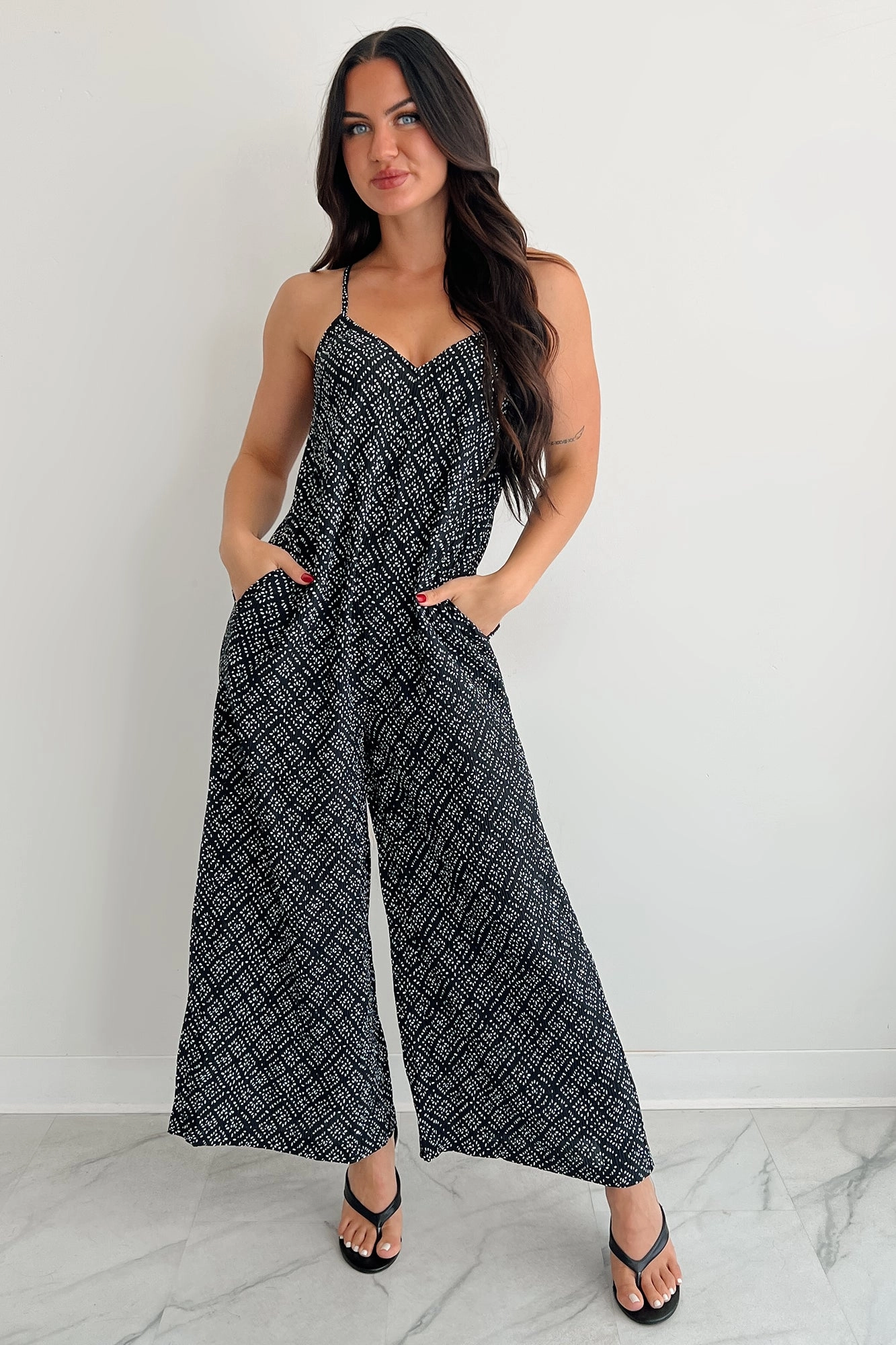 Bonded Seam Construction Homebody Heaven Pleated Wide Leg Jumpsuit (Black Dotted)