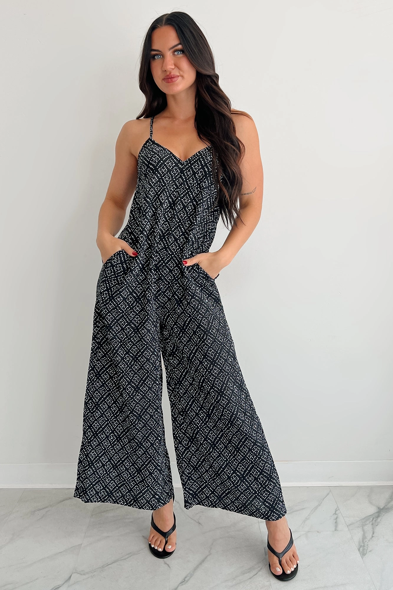 Homebody Heaven Pleated Wide Leg Jumpsuit (Black Dotted) Multi Directional Zipper Placement