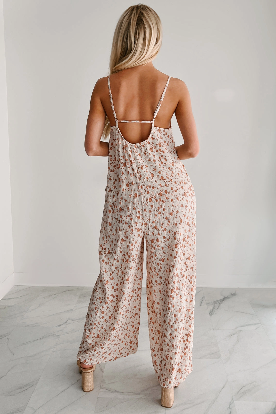 Homebody Heaven Pleated Wide Leg Jumpsuit (Cream Floral) BreathableFabric