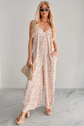 Homebody Heaven Pleated Wide Leg Jumpsuit (Cream Floral) AntiBacterial Coating