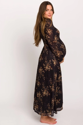 Picture Perfect Honor Floral Smocked Woven Maxi Dress in Black - Bump Friendly