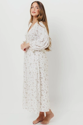 Hunter 100% Cotton Gauze Maxi Dress with Detail Trimming in Ivory Pink Floral - Bump Friendly and Inclusive Sizing Dainty Finish Leg-Lengthening