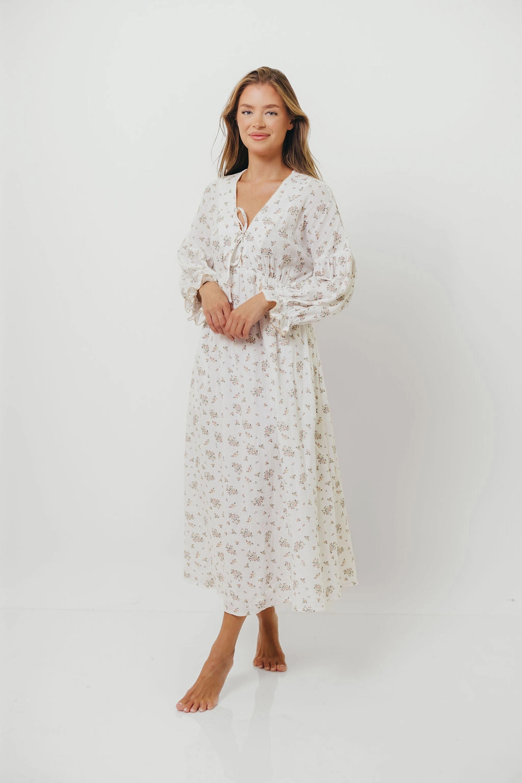 Hunter 100% Cotton Gauze Maxi Dress with Detail Trimming in Ivory Pink Floral - Bump Friendly and Inclusive Sizing Flattering Lines Go To Wear