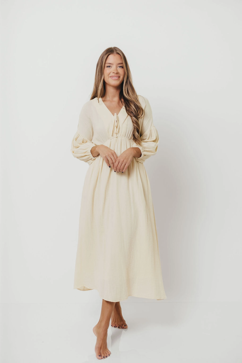 Petite-Size Special-Occasion Hunter 100% Cotton Gauze Midi Dress in Butter - Bump Friendly *9/22 PRE-ORDER*