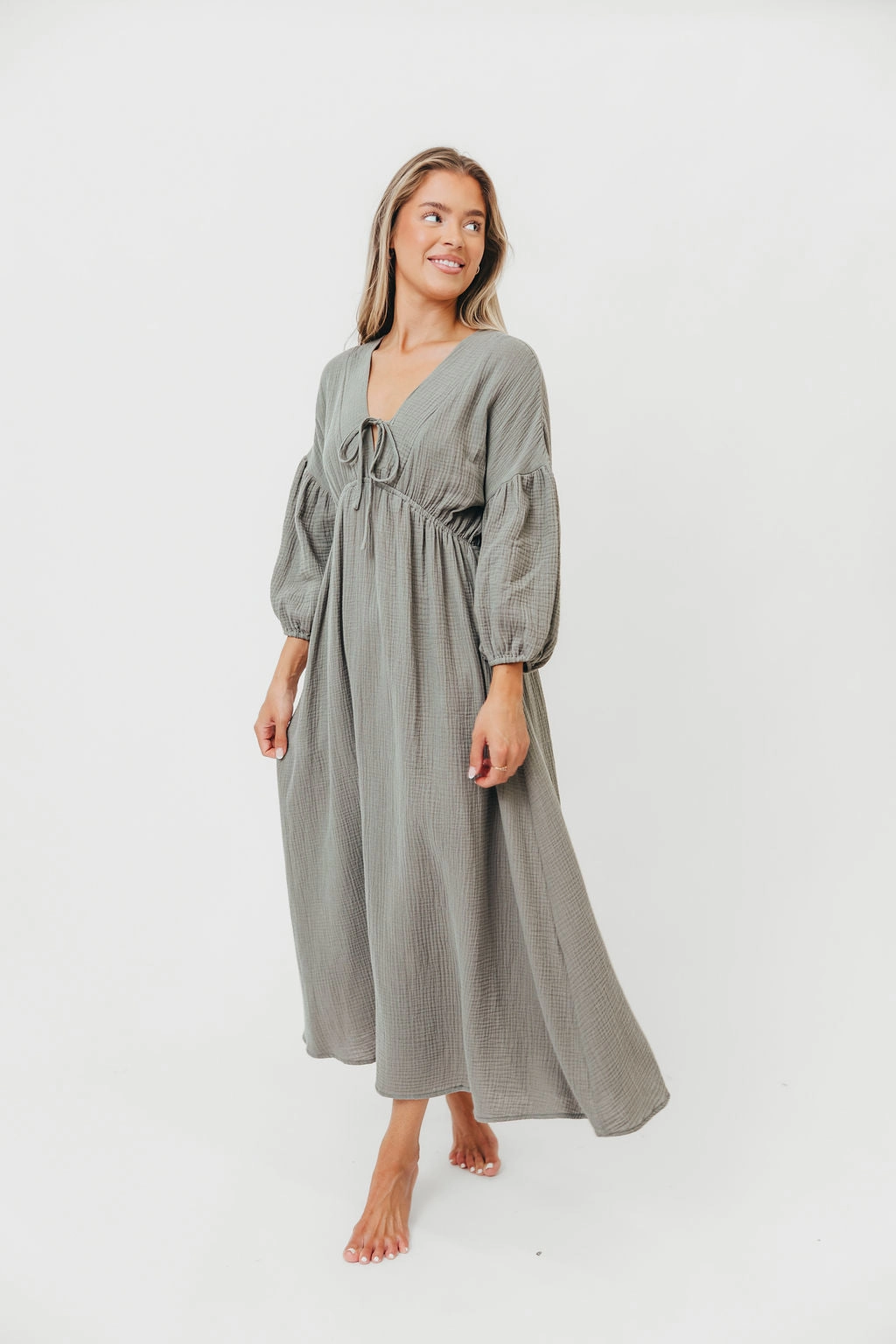 Hunter 100% Cotton Gauze Midi Dress in Dry Sage ConvertibleNeckline Comfy Yet Stylish