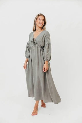 Hunter 100% Cotton Gauze Midi Dress in Dry Sage ConvertibleNeckline Comfy Yet Stylish