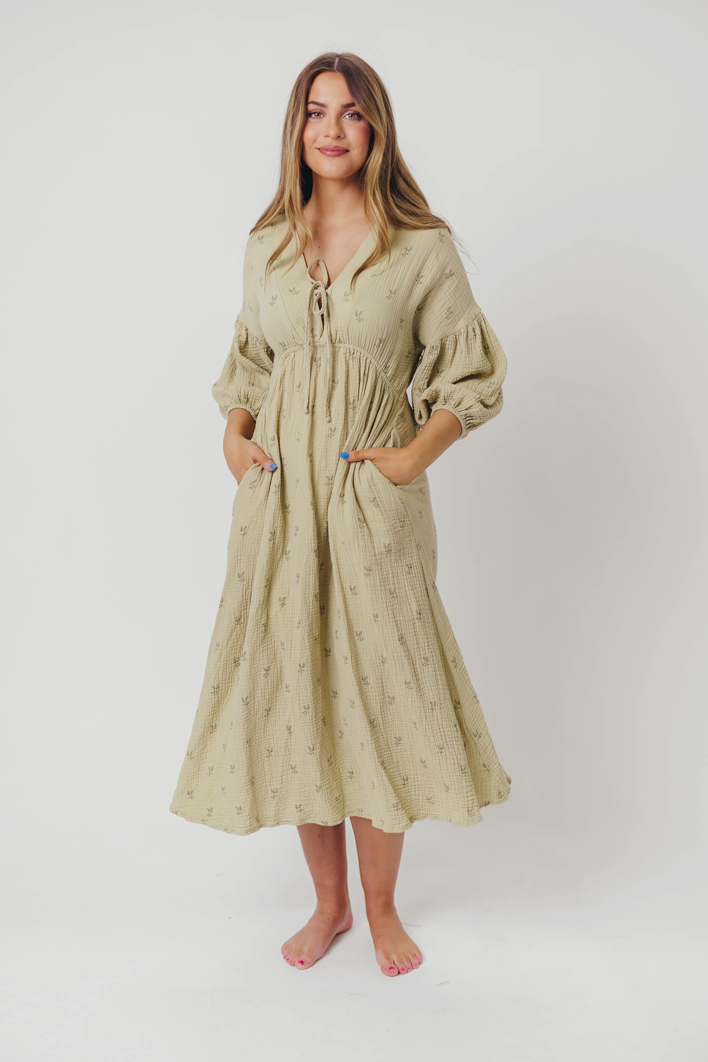 budget-friendly Light Cloud Hunter 100% Cotton Gauze Midi Dress in Thyme/Sage Foliage - Bump Friendly & Inclusive Sizing (XS-3XL)