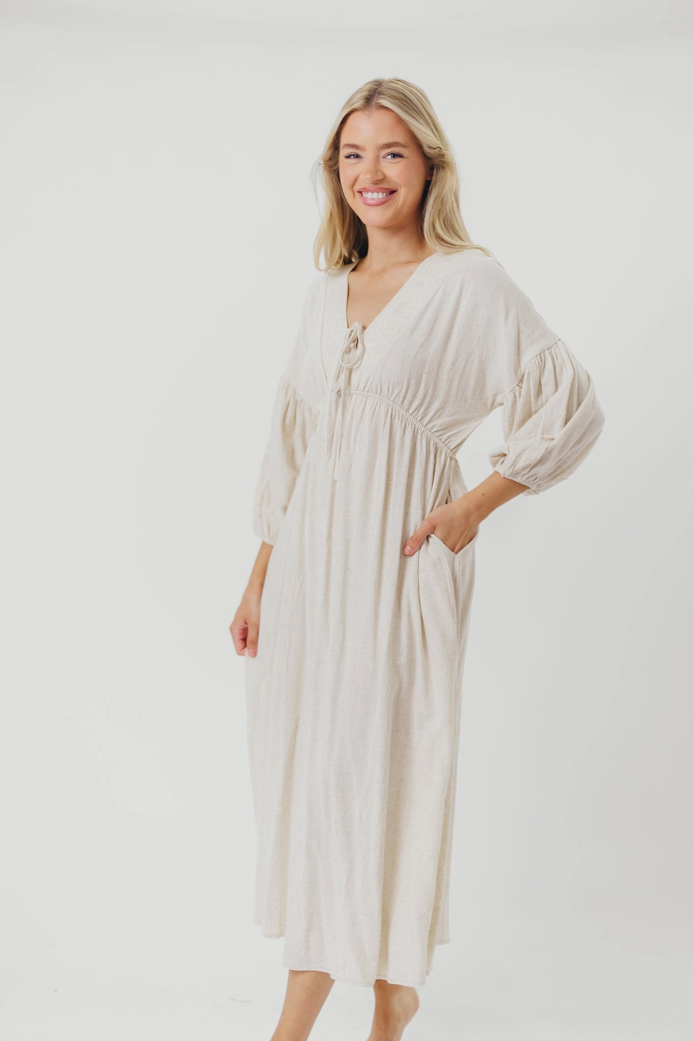 Autumn Mood Hunter Linen-Blend Midi Dress in Greige - Bump Friendly *9/22 PRE-ORDER*