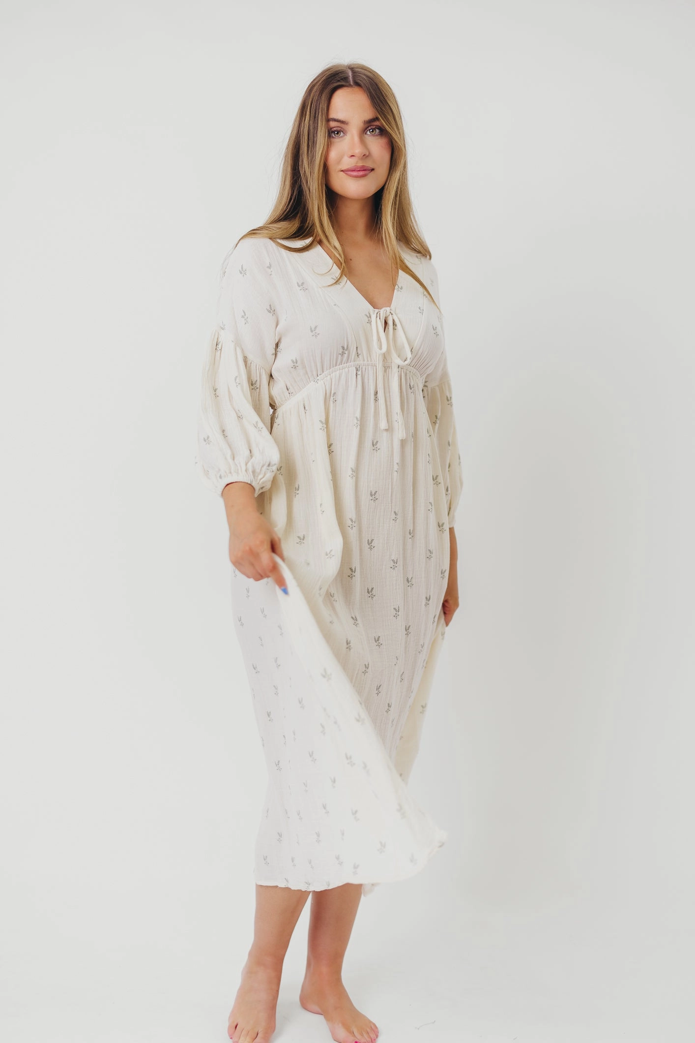 Hunter Midi Dress in Soy/Sage Foliage Fashion-forward day dress